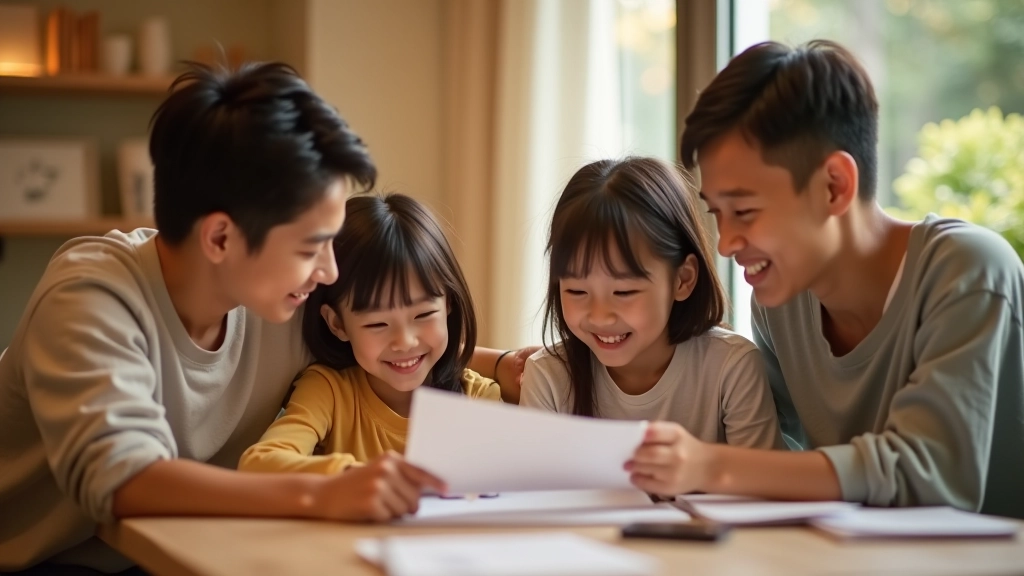 Family of four discussing education plans with documents and tablet showing savings progress and financial planning tools