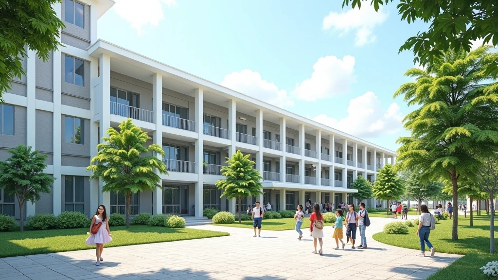 University campus with students studying