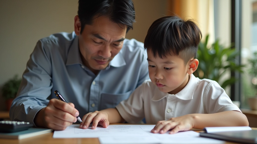 Parent and child reviewing education budget documents with calculator and notebook on wooden desk