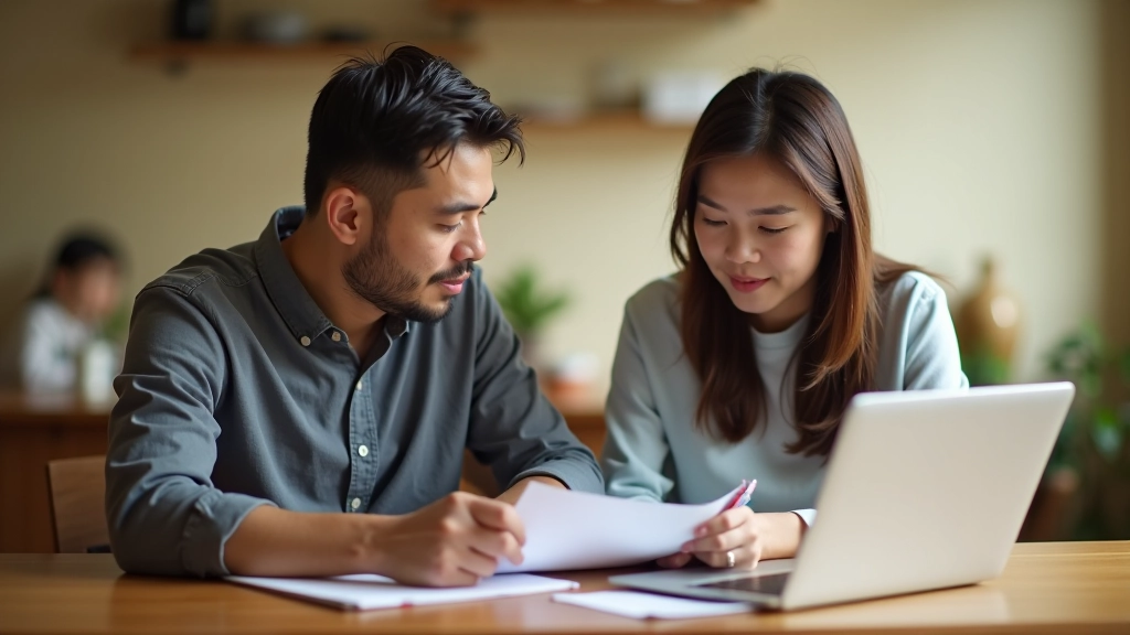 Parents discussing education savings plan with notebook and calculator on table