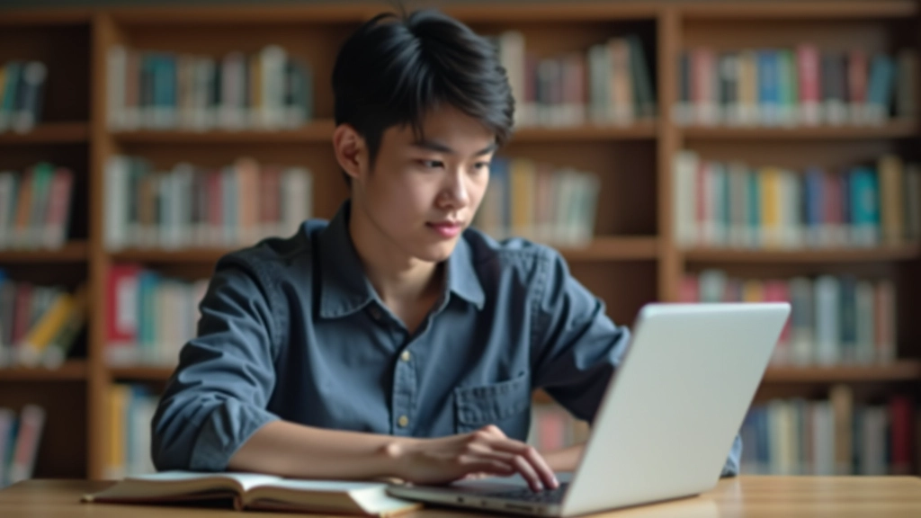 Student studying at library desk with laptop and textbooks, focused expression