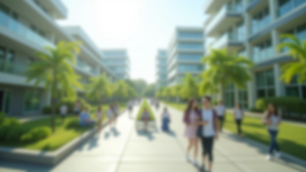 University campus with students walking between buildings and studying in outdoor common areas