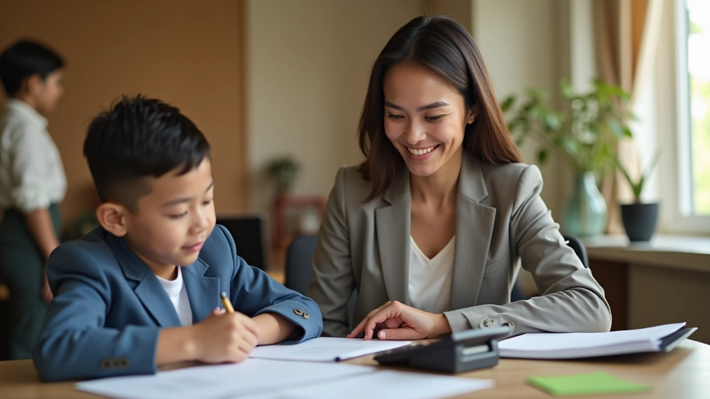 Parent and child reviewing education savings documents and financial planning materials together at a desk